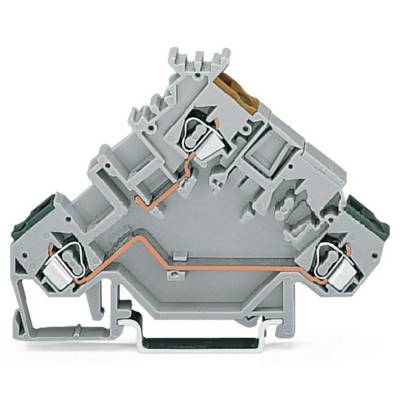 Grey electrical terminal block with copper-coloured wires, used for connecting electrical components in a switchboard.