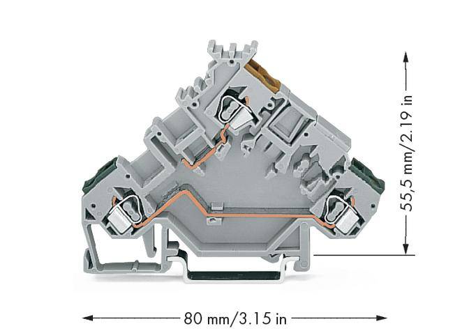 Grey electrical terminal block with dimensions: height 55.5 mm (2.19 inches), width 80 mm (3.15 inches).