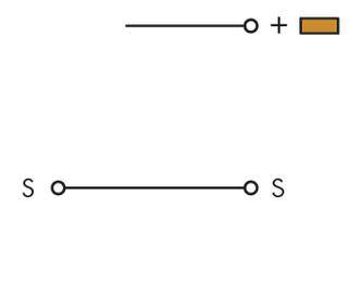 Electrical circuit diagram with two conductors. Upper conductor with a circle and plus sign next to a rectangular shape. Lower conductor with two circles, labelled with 'S'.