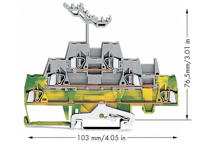 Electrical terminal strip with dimensions. Height: 76.5 mm/3.01 inches. Length: 103 mm/4.05 inches. Shows connections and mounting structure.