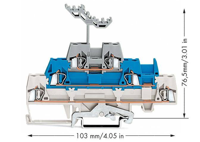 Dimensional drawing of an electrical connector. Shows dimensions: 103 mm width, 76.5 mm height. Designed for industrial applications.