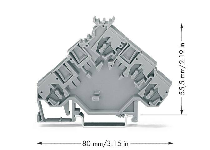 Triangular electrical terminal strip with dimensions: 80 mm width and 55.5 mm height, showing connection options.