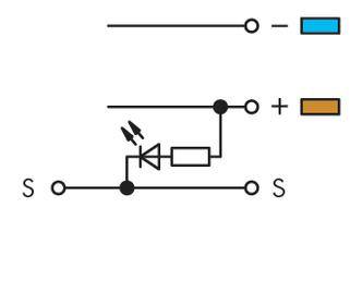 'Circuit diagram with two electrical circuits: At the top, a line with negative pole (blue). Below, a circuit with positive pole (orange), LED and resistor.'