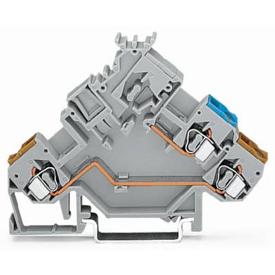 A grey clip-on terminal block in a triangular shape with coloured modules in blue and copper. Used in electrical circuits.