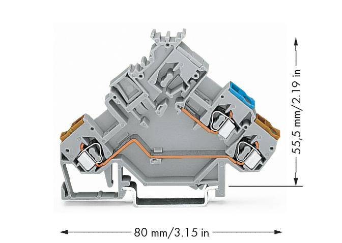 Grey electrical terminal block (length: 80 mm, height: 55.5 mm) with copper contact points and blue elements for electrical connection.