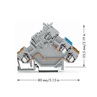 Grey electrical terminal block (length: 80 mm, height: 55.5 mm) with copper contact points and blue elements for electrical connection.