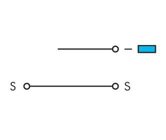 Two circuit diagrams: The upper one shows an open circuit with a blue rectangle. The lower one shows a closed circuit with two 'S' markings.