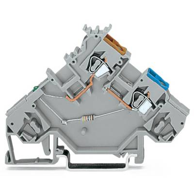 Terminal block with two connections and integrated resistor, suitable for use in electrical circuits.
