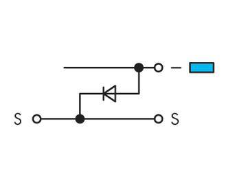 Electrical circuit diagram shows a diode directing current between two switches, connected to a blue battery on the right.
