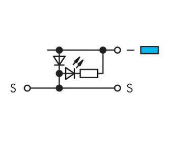Circuit symbol shows an LED with a series resistor, connected to a voltage source, represented in an electrical circuit diagram.