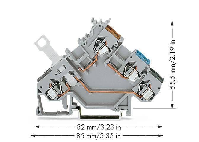 Grey electrical connecting component with multiple connection points and dimensions: width 82 mm, depth 85 mm, height 55.5 mm.