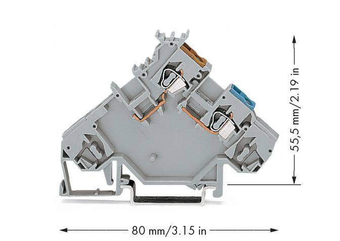 Description: Grey clip rail with dimensions of 80 mm x 55.5 mm, identifiable by two metal connectors and blue element insert on top.