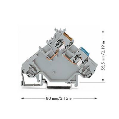Description: Grey clip rail with dimensions of 80 mm x 55.5 mm, identifiable by two metal connectors and blue element insert on top.