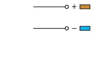 The circuit diagram shows two sliding controls: The upper control is labelled with '+' and a brown box, the lower with '-' and a blue box.