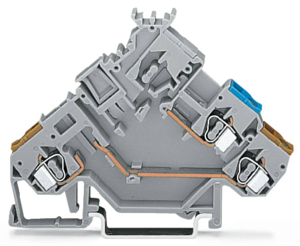 Grey electrical terminal block with a triangular design, metal connections, and blue and gold-coloured elements for cable attachment.