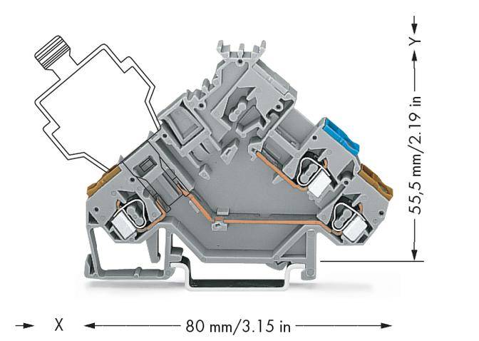 Grey, triangular component with four connections and a blue cover on the right side. Dimensions: 80 mm x 55.5 mm.