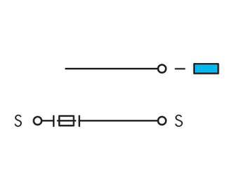 'Two circuit diagrams: Above, a line with a circle connects a blue resistor. Below, a line with a switch connects two terminals S.'