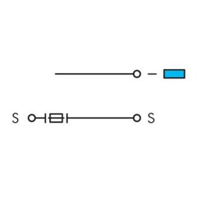 'Two circuit diagrams: Above, a line with a circle connects a blue resistor. Below, a line with a switch connects two terminals S.'