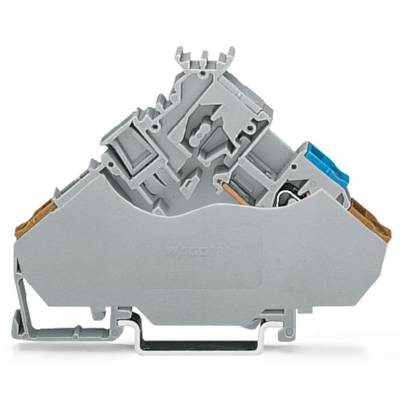 A grey terminal block with blue and brown elements for wiring in electrical installations.