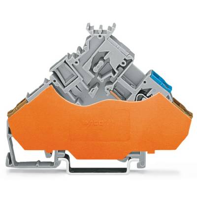 Grey clamp with orange protection; designed for electrical connections in control panels. Mountable on DIN rails.