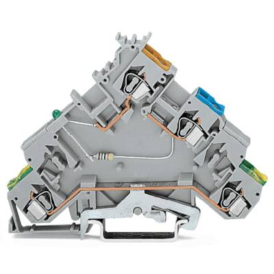 Grey electrical terminal block with multiple colour-coded connections and a resistance element in the centre.