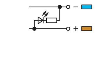 The circuit symbol shows a diode in series with a resistor, connected to positive (+) and negative (-) terminals.