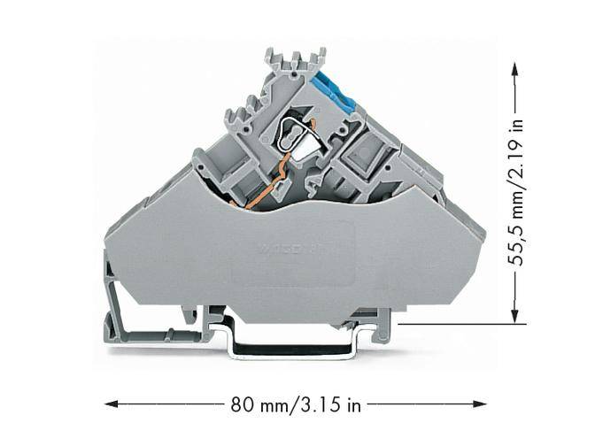 Grey electrical connection block, dimensions 80 mm x 55.5 mm. Shows cable connections with side lever for fastening.