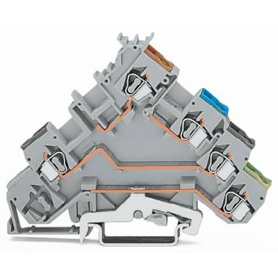 Grey multi-socket connector with colour-coded holders for electrical cables.