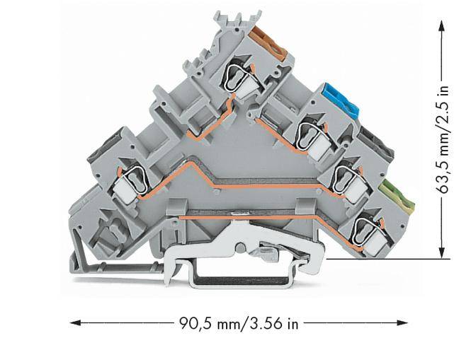 Three-tier terminal block with five connections, dimensions: width 90.5 mm, height 63.5 mm.
