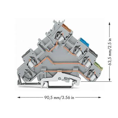Three-tier terminal block with five connections, dimensions: width 90.5 mm, height 63.5 mm.