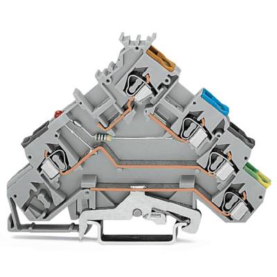 Terminal strip in angled configuration for connecting electrical conductors, featuring colour-coded connection points for easy identification.
