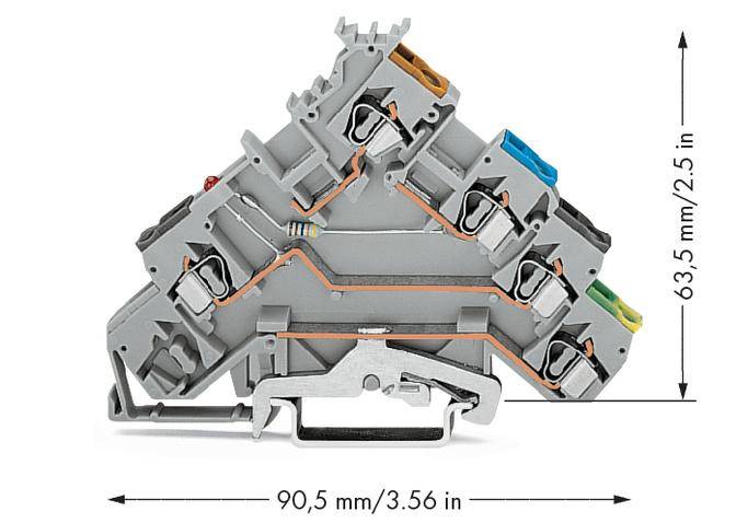 Electrical connection block in triangular form with multiple colour-coded terminals. Dimensions: 90.5 mm width, 63.5 mm height.
