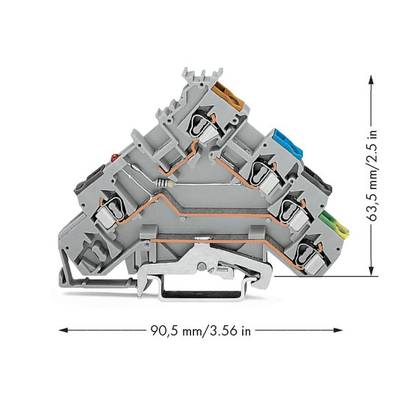 Electrical connection block in triangular form with multiple colour-coded terminals. Dimensions: 90.5 mm width, 63.5 mm height.