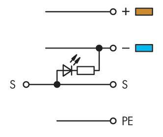 Circuit diagram of an overvoltage protection: Shows positive (+) and negative (-) conductors with integrated diode and resistor, as well as protective earth (PE).