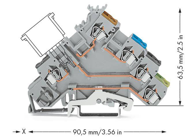 Double-deck terminal block with 90.5 mm width and 63.5 mm height. Features multiple wire connections and is suitable for electrical connections.