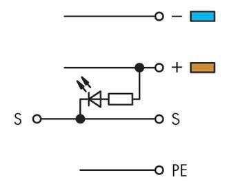 Circuit symbol with switch (S), diode, resistor and terminals for positive (+), negative (-) and earth (PE).