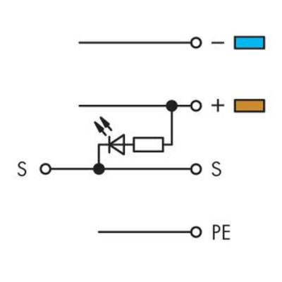 Circuit symbol with switch (S), diode, resistor and terminals for positive (+), negative (-) and earth (PE).