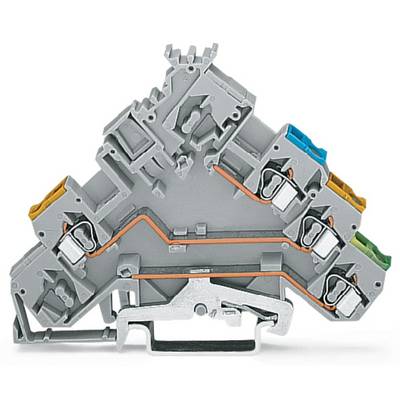 Grey electrical multi-tier terminal block with coloured markings and metal clip, suitable for complex wiring.