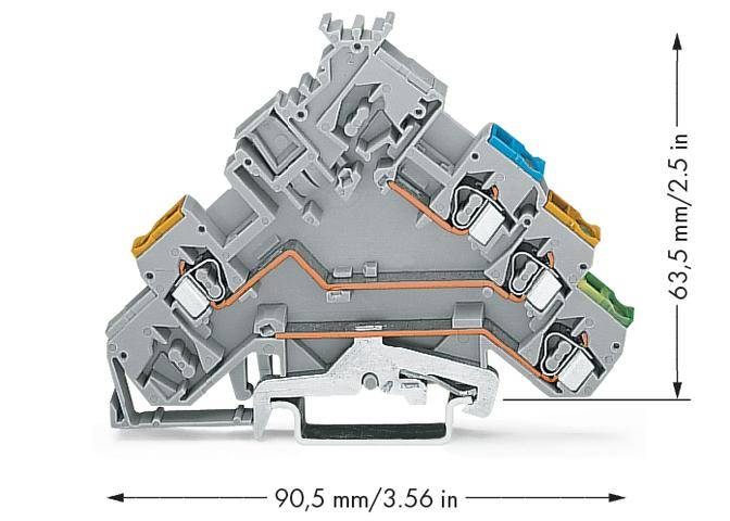 'Electrical connection terminal, 90.5 mm wide, 63.5 mm high, with six-fold connection and colour-coded terminals for phase identification.'
