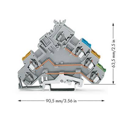 'Electrical connection terminal, 90.5 mm wide, 63.5 mm high, with six-fold connection and colour-coded terminals for phase identification.'