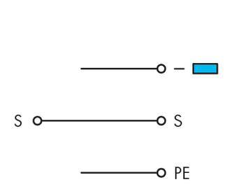 Diagram with three electrical conductors: Top marked with blue marker, middle marked with 'S' at both ends, bottom marked with 'PE'.