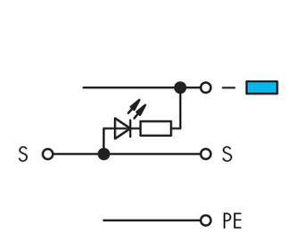Electrical circuit diagram shows a switching unit with diode, resistor and earthing. The connections are marked with 'S' and 'PE'.