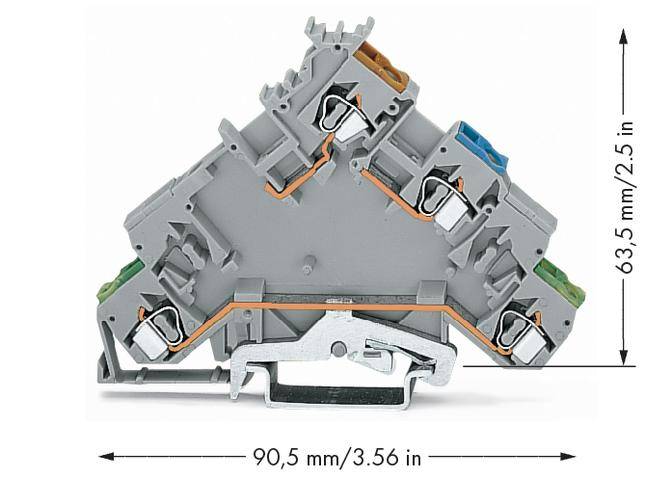 A grey, triangular clamp measuring 90.5 mm x 63.5 mm. Features six connection points with green and blue markings.