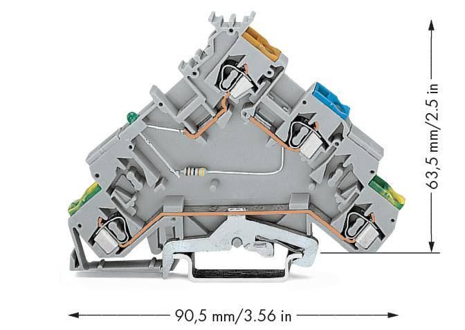 A three-tier grey terminal block with electrical connections and resistance. Dimensions: 90.5 mm wide, 63.5 mm high.