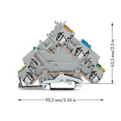 A three-tier grey terminal block with electrical connections and resistance. Dimensions: 90.5 mm wide, 63.5 mm high.