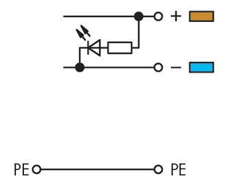 'Circuit diagram with diode and resistor connected in series, showing positive (+) and negative (-) connections. PE connection at the bottom.'