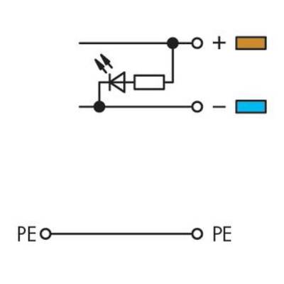 'Circuit diagram with diode and resistor connected in series, showing positive (+) and negative (-) connections. PE connection at the bottom.'