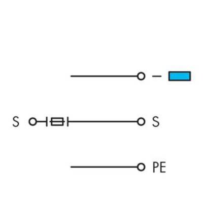 Diagram with three parallel lines. At the top, a line connects to a blue rectangular block. The middle line shows symbols for 'S', a switch, and another 'S'. At the bottom is a line with 'PE'.