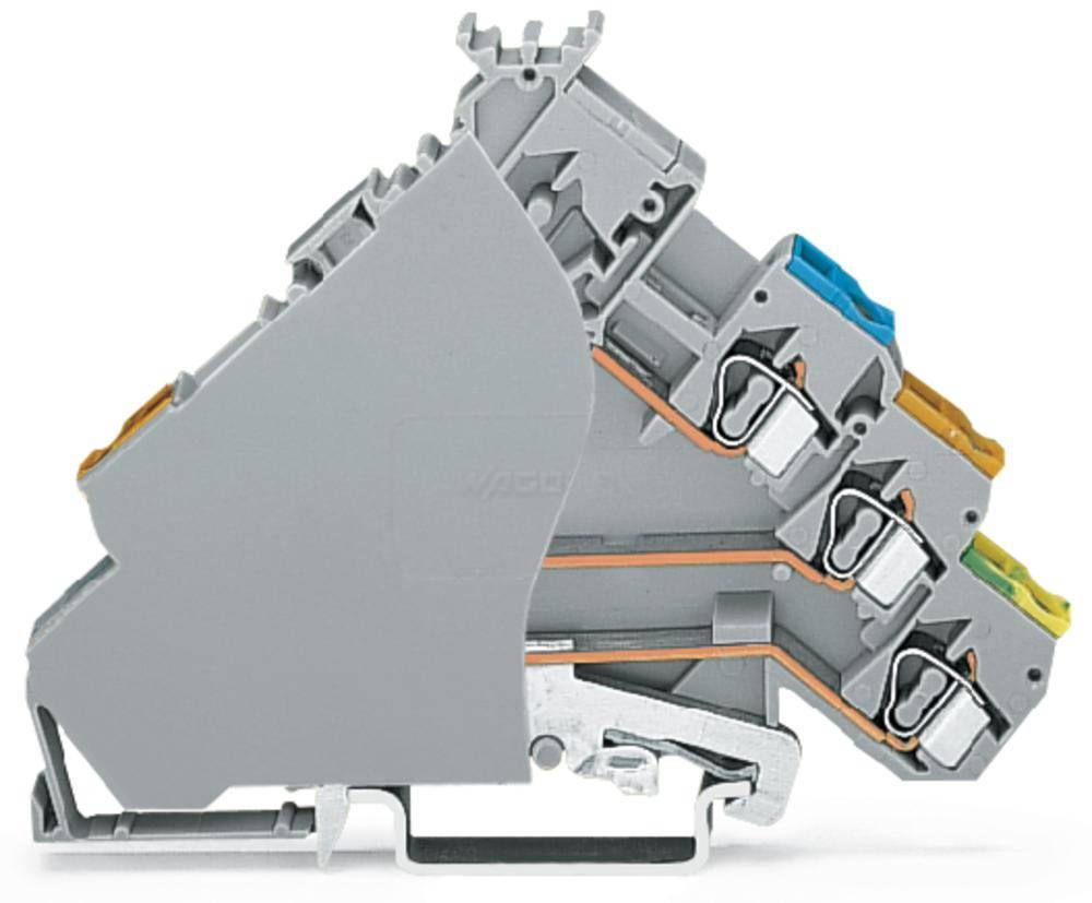 Grey-orange terminal block with plastic housing, multiple cable connections and lever mechanism, for electrical wiring.