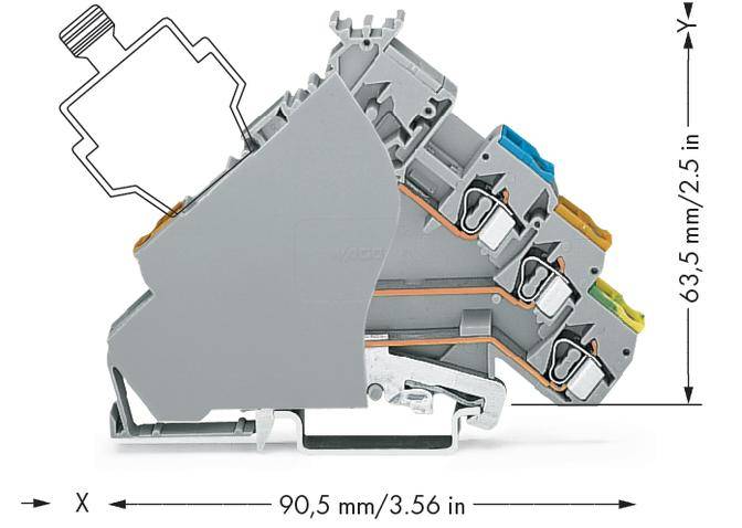 Terminal block with dimensions: width 90.5 mm, height 63.5 mm. Three colour-coded connections on top. Drawing shows top-down view.
